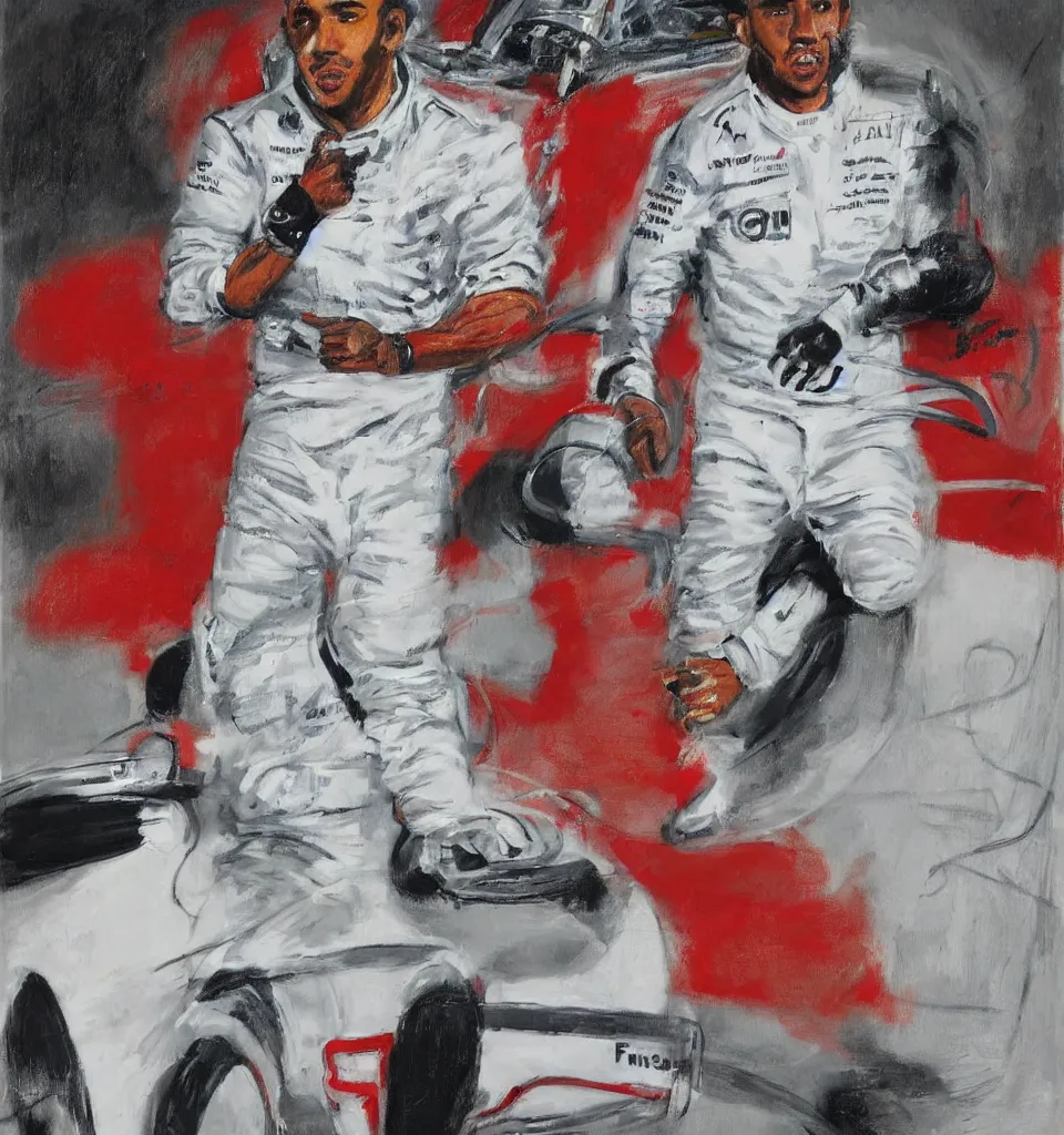 Image similar to A portrait of Lewis Hamilton in his racing uniform by Francis Bacon
