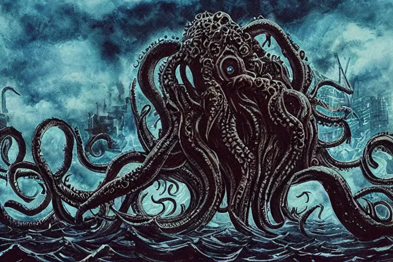 Image similar to man is seeing old god eldritch horror cthulhu terrifying the night sky of a modern city with tall buildings, he is coming from the ocean, epic scene, hyper detailed, gigantic cthulhu wallpaper, dark art, messy watercolor paint