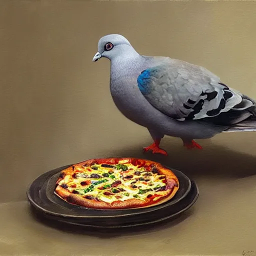 Prompt: a pigeon eating a pizza with its wings, oil painting by greg rutkowski
