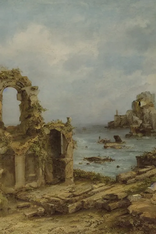 Image similar to ruins by the sea, matte painted by gustav moreau