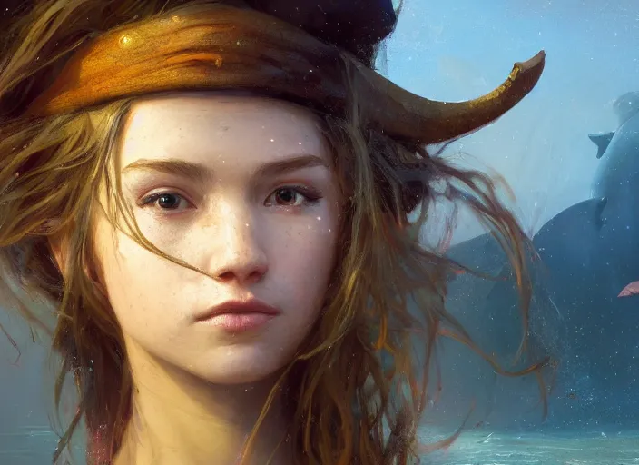 Image similar to wide view picture of a pirate girl, looking at the treasure box, hard breathing, messy hair, very excited, sparkling eyes, magic and fantasy, whale monsters, beautiful and aesthetic and attractive and highly detailed face, specular reflection, occlusion shadow, intricate, bokeh, masterpiece, by ilya kuvshinov and jeremy lipking and quentin mabille