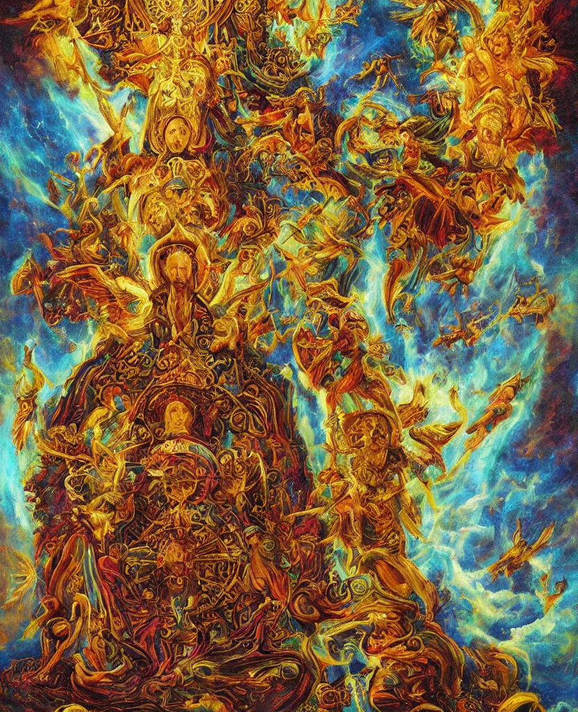 Image similar to holy throne of the gnostic god, award winning oil painting, iridescent aberration celestial color palette