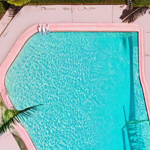 Image similar to high quality color aerial view photo of a sparkling swimming pool with palm tree leaves on the edges, pastel faded effect, synthwave colors