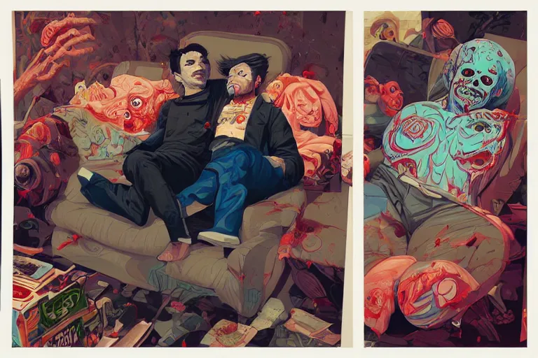 Image similar to a zombie dad on the couch, Tristan Eaton, victo ngai, artgerm, RHADS, ross draws