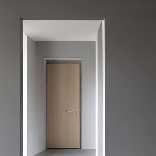 Image similar to picture of a place where all the walls are unicolor, and shapes ares very simple, nothing but wall and doorframes of simple colors