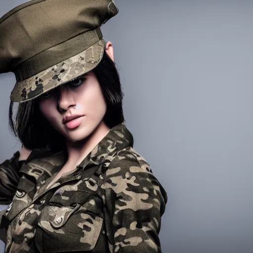 Image similar to attractive woman wearing military outfit and camouflage cinematic photoshoot high quality highly affordable photo realistic 8 k hd