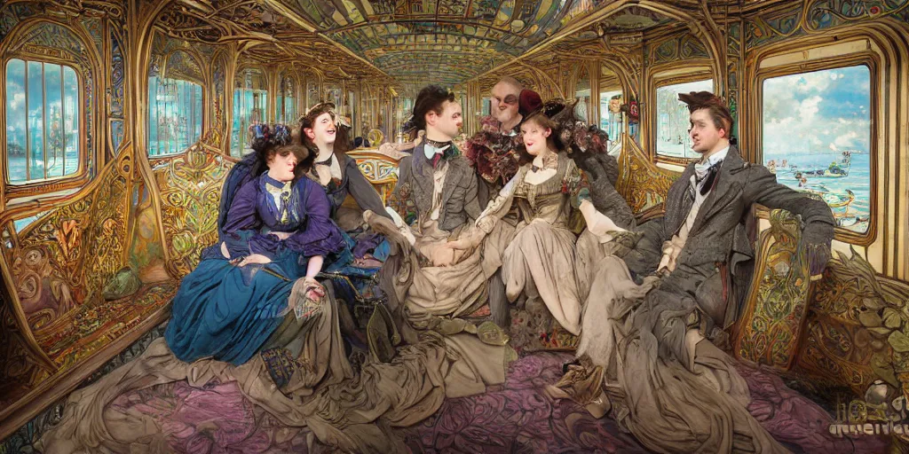 Image similar to incredibly beautiful breathtakingly detailed colour art nouveau photograph group portrait of an amazingly cool odd characterful couple sat down, in the inside of the beautiful underwater train to atlantis, every face amazingly clear detailed with lifelike expressions, full of crowd of people sat down wearing unusual clothes, by william powell frith and mucha, ultra wide angle, 4 k