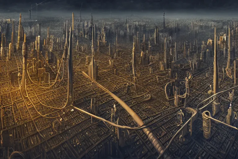 Image similar to an elaborate penned illustration of a apocalyptic intricate connected city of tubes and pipes, by jan van haasteren and jheronimus bosch, unreal engine, physically based rendering, ariel view, tilt - shift, grim, moody, cinematic