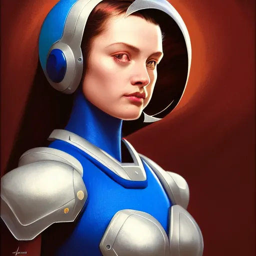 Image similar to head and shoulders portrait of a female Megaman semirealistic, digital illustration, dark fantasy, medium shot, intricate, elegant, highly detailed, digital painting, volumetric light, artstation, concept art, smooth, sharp focus, illustration by Sachin Teng, armor by Donato Giancola, face by Gil Elvgren, paintstrokes by Greg Manchess, background by Alphonse Mucha