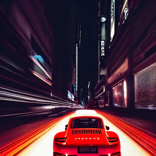 Prompt: photo of a porsche 9 1 1 at night drifting through a city, cinematic, 4 k, long exposure photography, tokyo drift, fast and furious, film still, night photography, motion blur, lens flare, movie shot, light trail, distortion, wide angle, reflections