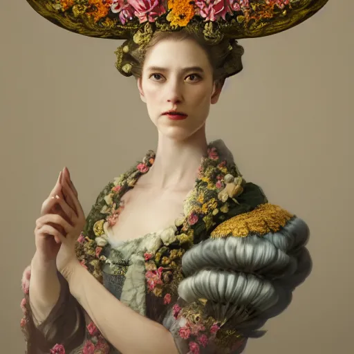 Prompt: an empress portrait, with a brilliant impossible striking big flower headpiece, clothes made entirely out of flowers, rococo, baroque, vogue, rim light, asian, epic art, realistic, wlop style, insane detail, octane render, 8k, fantasy, diva