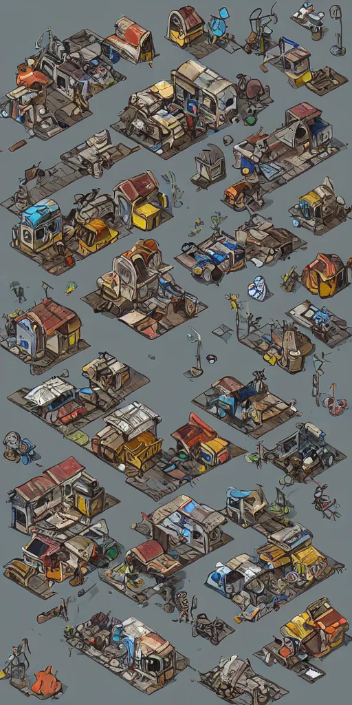 Prompt: junkyard slum houses and shops. pixel art asset sheet. isometric perspective. concept art. science fiction.