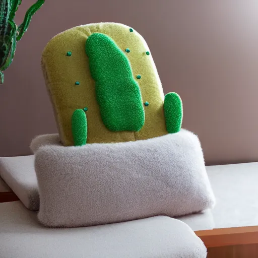 Prompt: a fluffy pillow designed after a cactus, product photo, cute