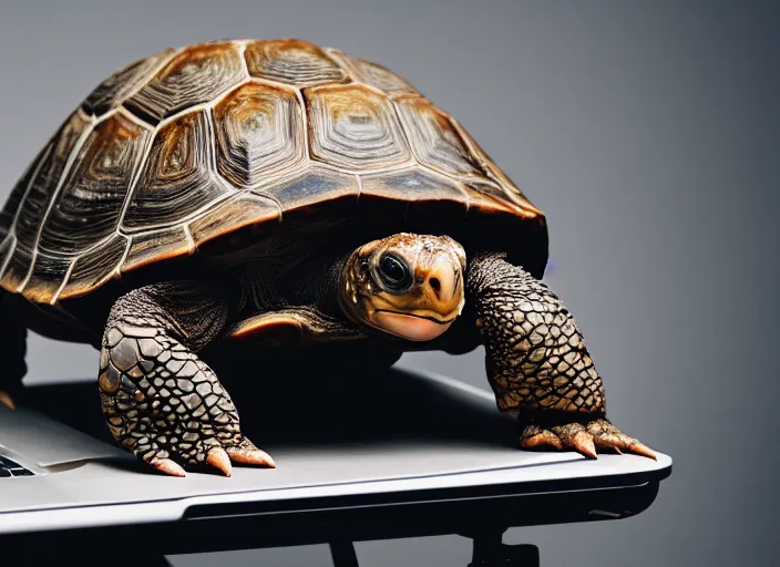 Image similar to photo still of a tortoise working on a laptop, 8 k, studio lighting bright ambient lighting key light, 8 5 mm f 1. 8