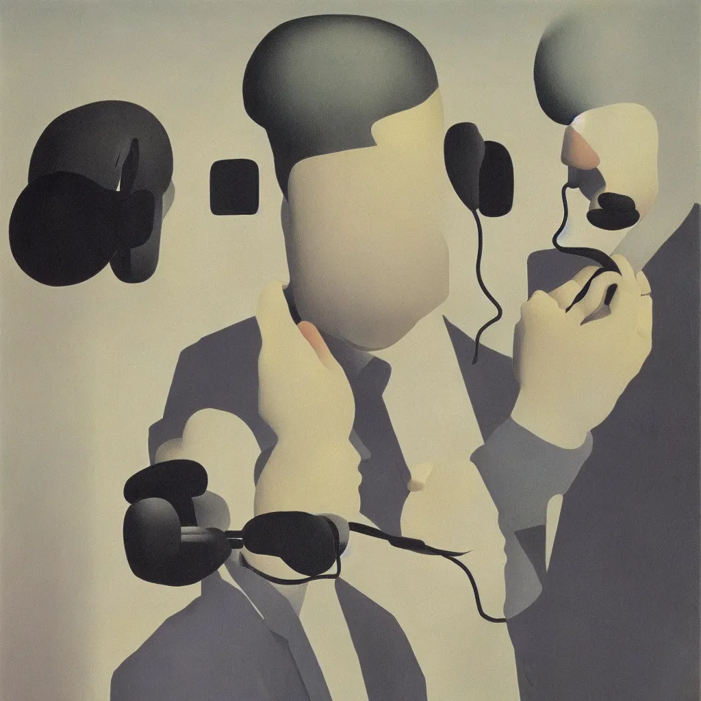 Prompt: i, a man wearing headphone and playing his phone, by rene magritte