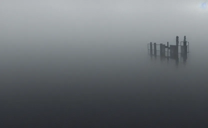 Image similar to low angle skimming the surface of a strange lake directed by charlie kaufman ( 2 0 0 1 ) foggy volumetric light morning extremely moody cinematography scene, cinematic trending on artstation in the style of greg rutkowski