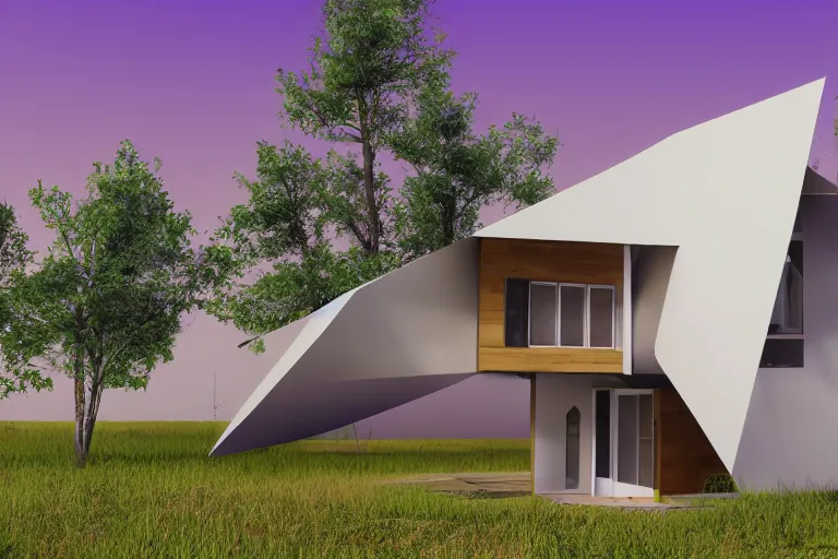 Image similar to photo of a comfy polygonal house designed in the style of seppo mantyla, 4 k, realistic render