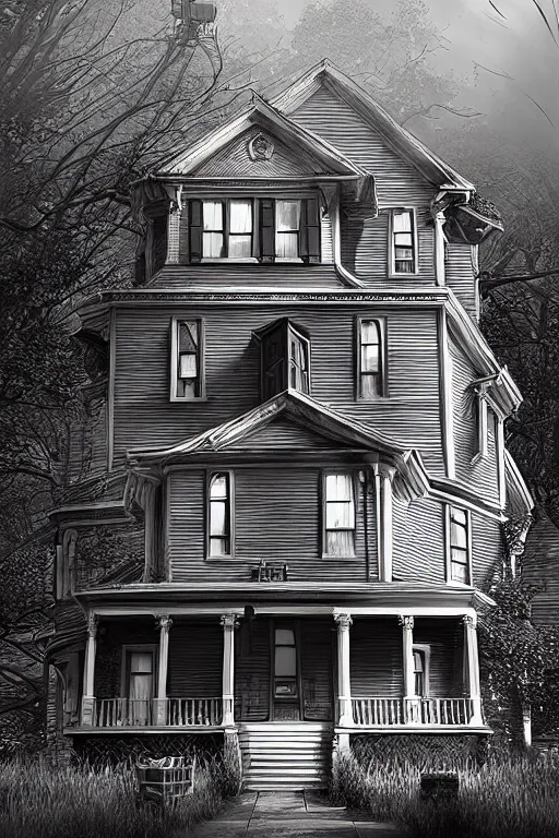 Image similar to line art of the amityville horror house, highly detailed, photorealistic, artstation, smooth, sharp focus, illustration, unreal engine 5, 8 k, art by art by artgerm and greg rutkowski and edgar maxence