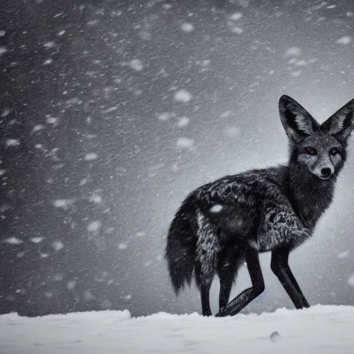 Image similar to an award winning National Geographic picture of a black Jackal wearing a denim Jacket in the snow by Lee Jeffries, 85mm ND 5, perfect lighting in a snow storm