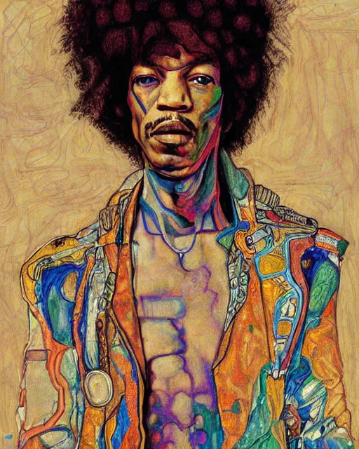 Image similar to portrait of cyberpunk jimi hendrix by egon schiele in the style of greg rutkowski