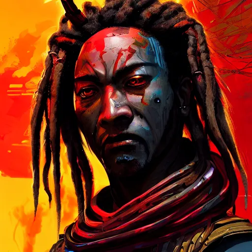 Image similar to dreadlock samurai in a dark fantasy cyberpunk style with a glowing ruby in the middle of his forehead, Apex Legends character, digital illustration portrait design, by android jones and greg rutkowski, retrowave color scheme, detailed, cinematic lighting, wide angle action dynamic portrait