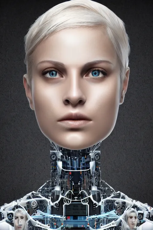 Image similar to robot with human face, female head, woman human face, human face realistic, human head, human head with blonde hair, blonde hair human head, blonde hair, human realistic face, human head skin, cyborg frame concept, cyborg by ales-kotnik, sci-fi android female