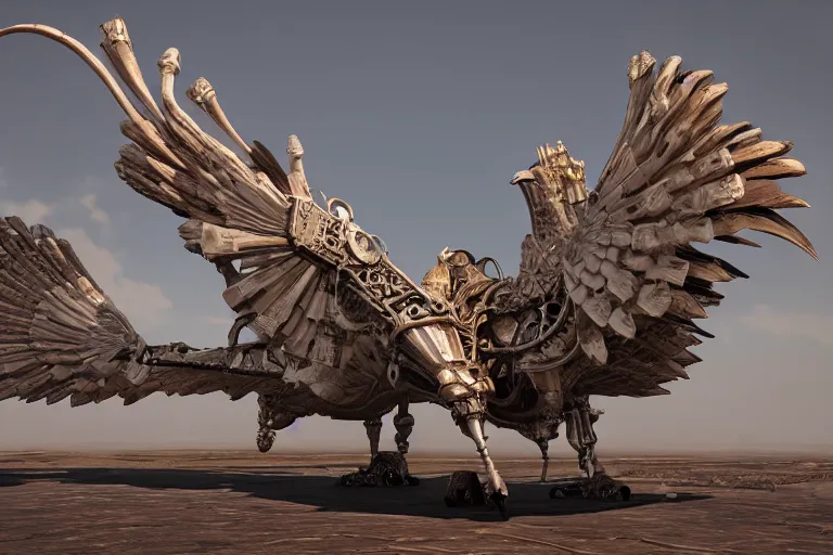 Prompt: Gigantic luxury baroque steampunk birdshaped spaceship made of bone, rendered in unreal engine 5, cryengine, arnold and zbrush, epic lighting