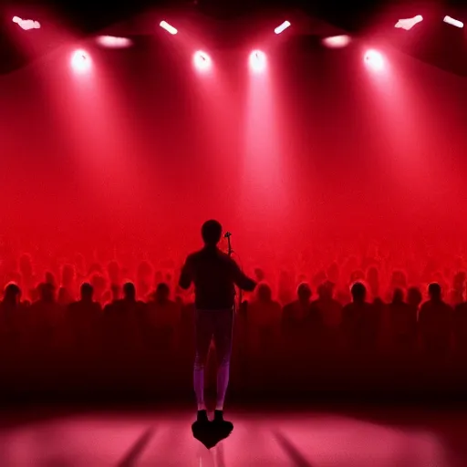 Prompt: a lone singer on stage, with spotlight beam, huge crowd in audience, facing stage, zoom lens, ultra realistic, artstation, red curtains, dramatic lighting, album