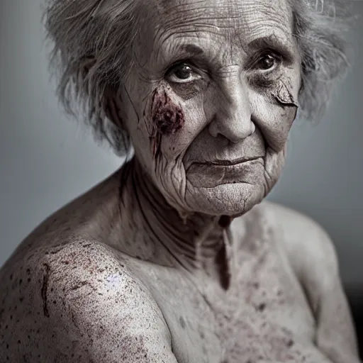 Prompt: scarred older woman, faded beauty, fragile optimism