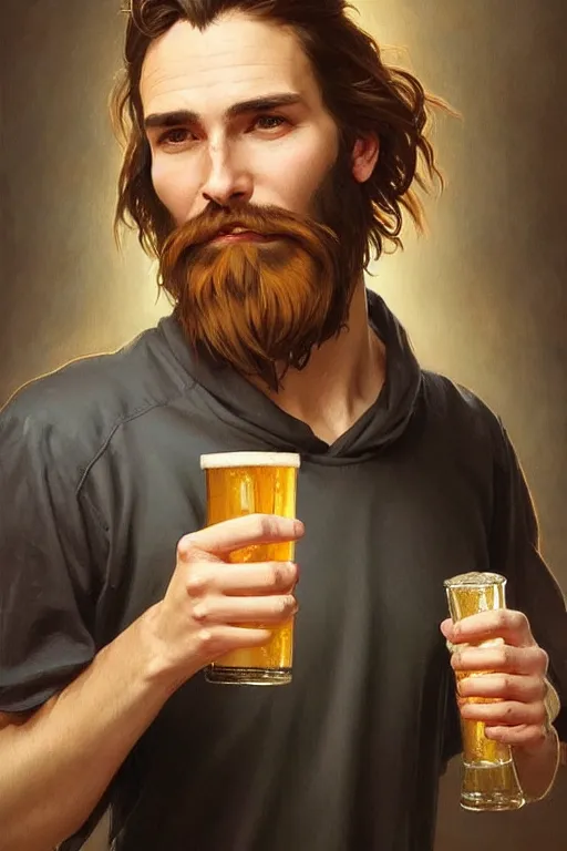 Image similar to a young man holding a beer giving a thumbs up with a long beard, real life skin, intricate, elegant, highly detailed, artstation, concept art, smooth, sharp focus, art by artgerm and greg rutkowski and alphonse mucha