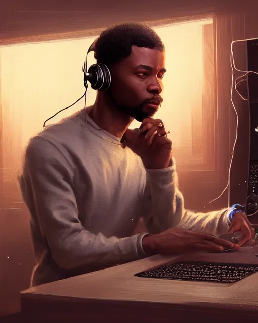 Image similar to light skin black man with headphones at his home studio producing music late at night, very detailed, 4 k, concept art like ernest khalimov, intricate details, highly detailed by greg rutkowski, ilya kuvshinov, gaston bussiere, craig mullins, simon bisley