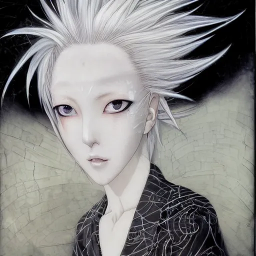 Image similar to Yoshitaka Amano realistic illustration of an anime girl with white hair and cracks on her face wearing dress suit with tie fluttering in the wind, abstract black and white patterns on the background, noisy film grain effect, highly detailed, Renaissance oil painting, weird portrait angle