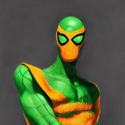Image similar to an orange and green spiderman by cedric peyravernay
