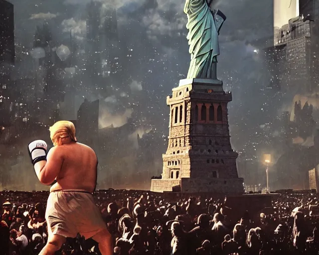 Image similar to giant Donald Trump boxing the Statue of Liberty fight in Manhattan, post apocalyptic New York, craig mullins, dramatic lighting, very detailed