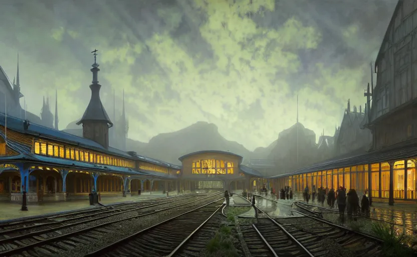 Image similar to painting of a wide angle exterior shot of a victorian utopian train station with cinematic lighting by peter zumthor and renzo piano, darek zabrocki and greg ruthkowski, alphonse mucha, simon stalenhag and cinematic and blue cold atmospheric, holy place, atmospheric, archillect concept art, artstation, trending on artstation