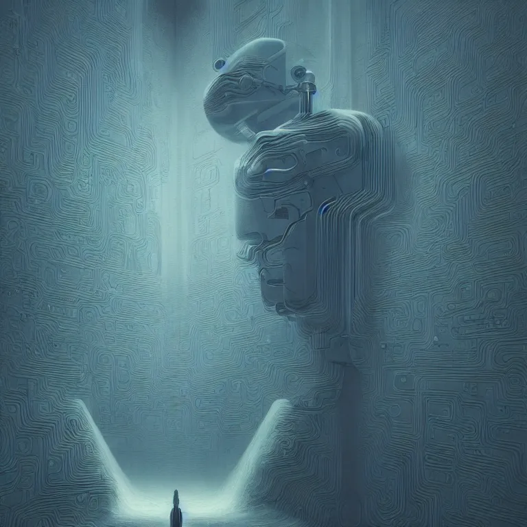 Image similar to futuristic album cover for Synthetic Android Intelligence and Microcircuitry by Zdzisław Beksiński and beeple, beautiful modern colors, ultradetailed, 4k ultra