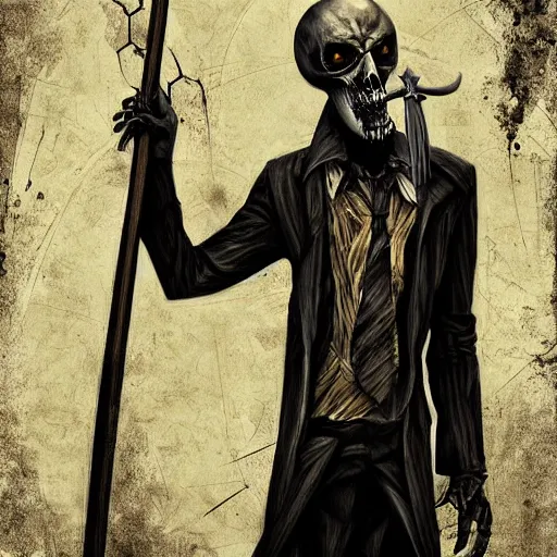 Image similar to surrealism grunge cartoon portrait sketch of the Grim Reaper with a scythe, by michael karcz, loony toons style, freddy krueger style, horror theme, detailed, elegant, intricate