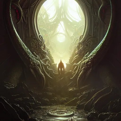 Prompt: Evil portal to Cthulu, filled with madness and monsters. Epic fantasy art, Lovecraftian, award winning on Artstation, intricate, elegant, highly detailed, digital painting, art by artgerm and greg rutkowski and alphonse mucha and lovecraft.