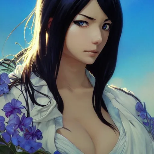 Image similar to highly detailed vfx portrait of nico robin by eiichiro oda!, makoto shinkai, alphonse mucha, sharp focus, art by artgerm and greg rutkowski!, backlit, harsh overhead sunlight, blue eyes!!, large aquiline nose!!, stanley kybric, kaoru mori, detailed, best of behance,