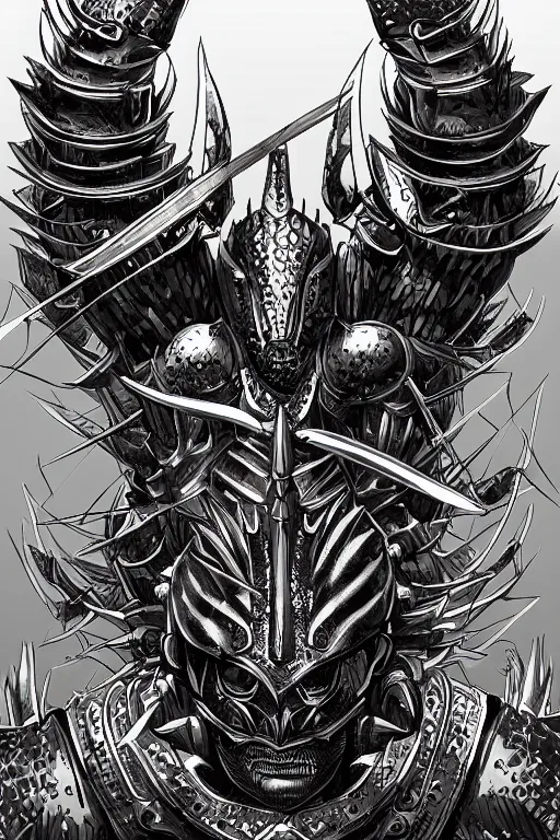 Prompt: human warrior, lobster themed armour, symmetrical, highly detailed, digital art, sharp focus, trending on art station, kentaro miura manga art style