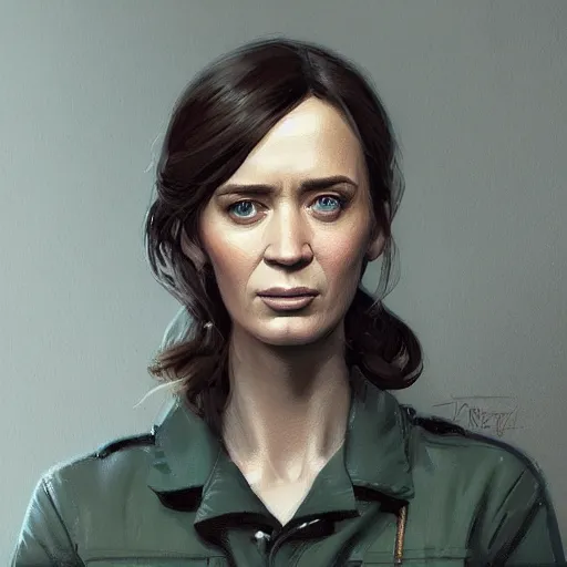 Image similar to portrait of a woman by greg rutkowski, emily blunt as an engineer, she is about 4 0 years old, wearing a utilitarian jumpsuit, highly detailed portrait, digital painting, artstation, concept art, smooth, sharp foccus ilustration, artstation hq