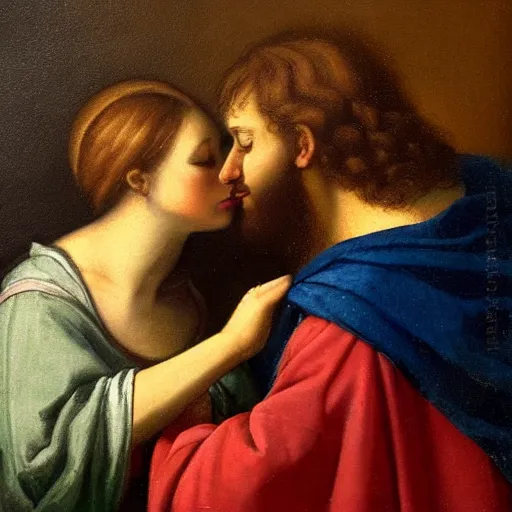 Image similar to an oil panting of a jesus kissing maria maddalena