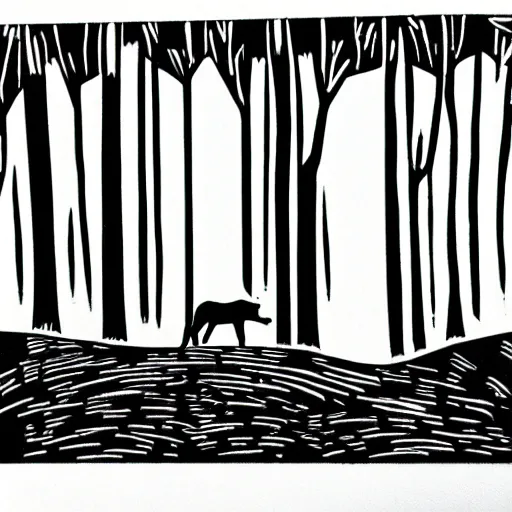 Image similar to minimalist linocut, black and white, greyhound in a forest