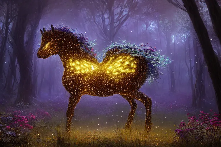 Prompt: a stunning horse completely made of fireflies with a thick mane of bioluminescent vines and flowers running through the woods by greg rutkowski, high key lighting, volumetric light, digital art, highly detailed, fine detail, intricate, ornate, complex, octane render, unreal engine, photorealistic