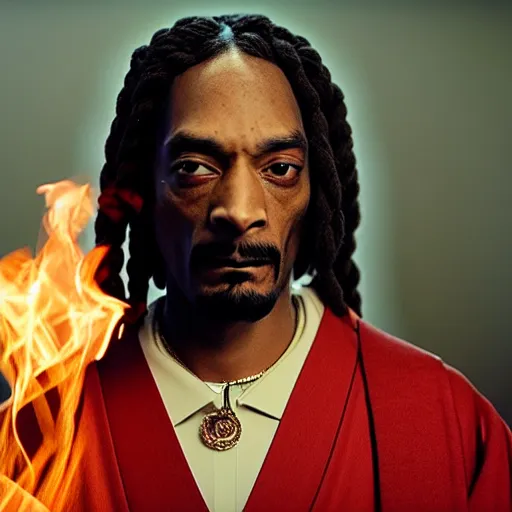 Image similar to cinematic film still of Snoop Dogg starring as a Samurai holding fire, CGI, VFX, 2022, 40mm lens, shallow depth of field, film photography