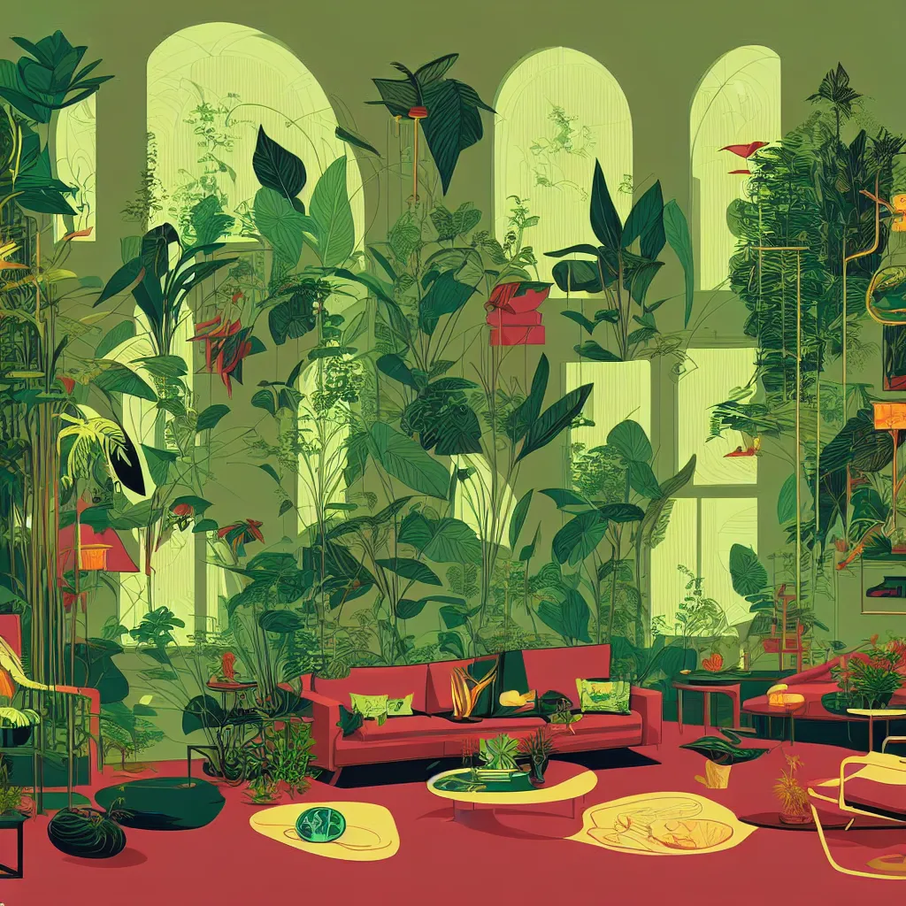 Prompt: luxury living room full of plants and trees by kilian eng