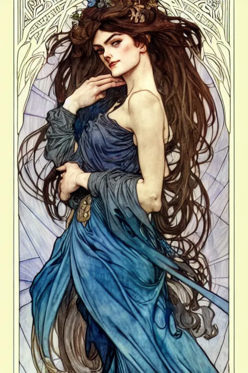 Image similar to in the style of artgerm, arthur rackham, alphonse mucha, phoebe tonkin, symmetrical eyes, symmetrical face, flowing blue skirt, hair blowing, intricate filagree, hidden hands, warm colors, cool offset colors