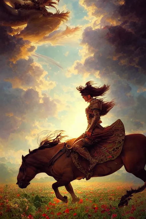 Prompt: fighter ridding a horse on a flower field, dragon flying in the sky above, highly detailed, digital painting, artstation, concept art, smooth, sharp focus, illustration, art by artgerm and greg rutkowski and alphonse mucha and andrei riabovitchev