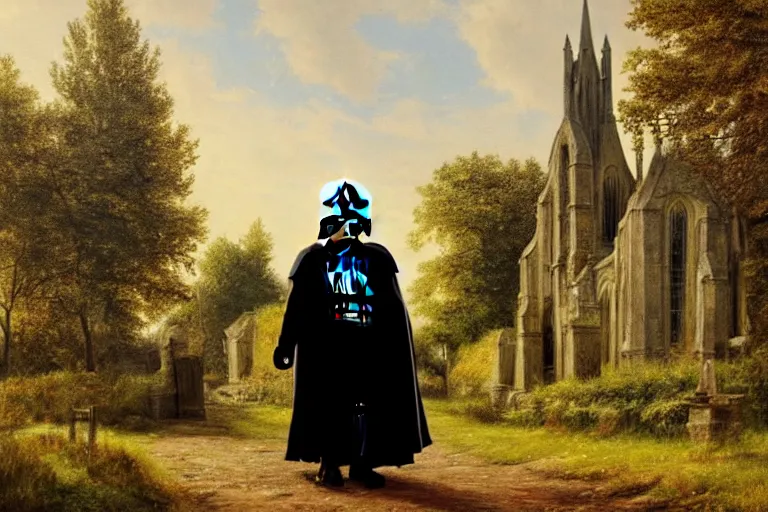 Image similar to a detailed oil painting of darth vader leaving a quaint medieval norman flint church, english, churchyard, trees, golden hour, lead - covered spire, realistic architecture