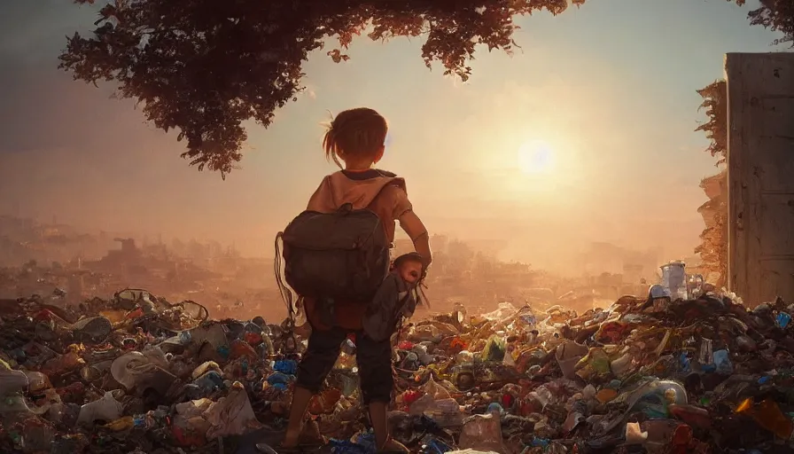 Prompt: poor detailed child with backpack looking for food at garbage dump, city is pure wasteland, sunset in background, greg rutkowski, alphonse mucha, trending on artstation, artgerm, breathtaking, award winning, highly detailed 4 k art